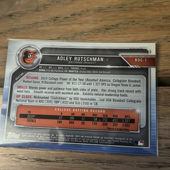 2019 Bowman Draft Chrome BDC-1 Adley Rutschman - Picture 2 of 2